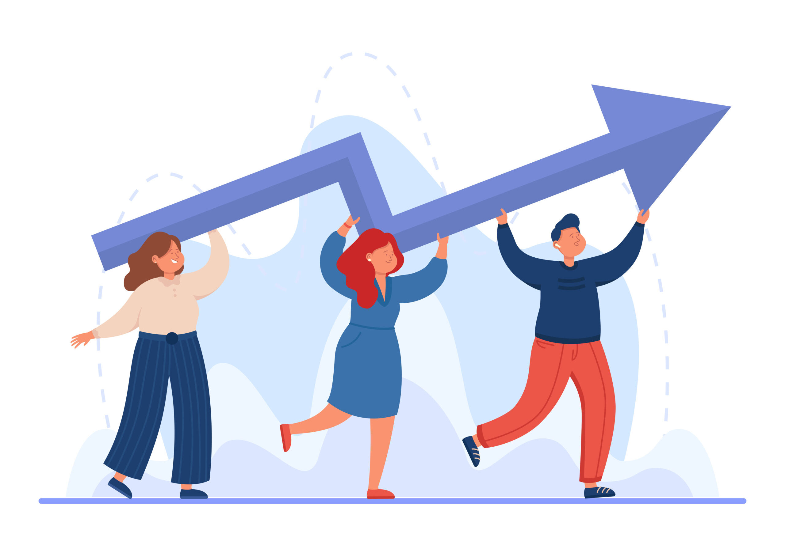 Tiny professional business people carrying upward arrow. Office persons with career progress or growth flat vector illustration. Success, teamwork, development concept for banner or landing web page