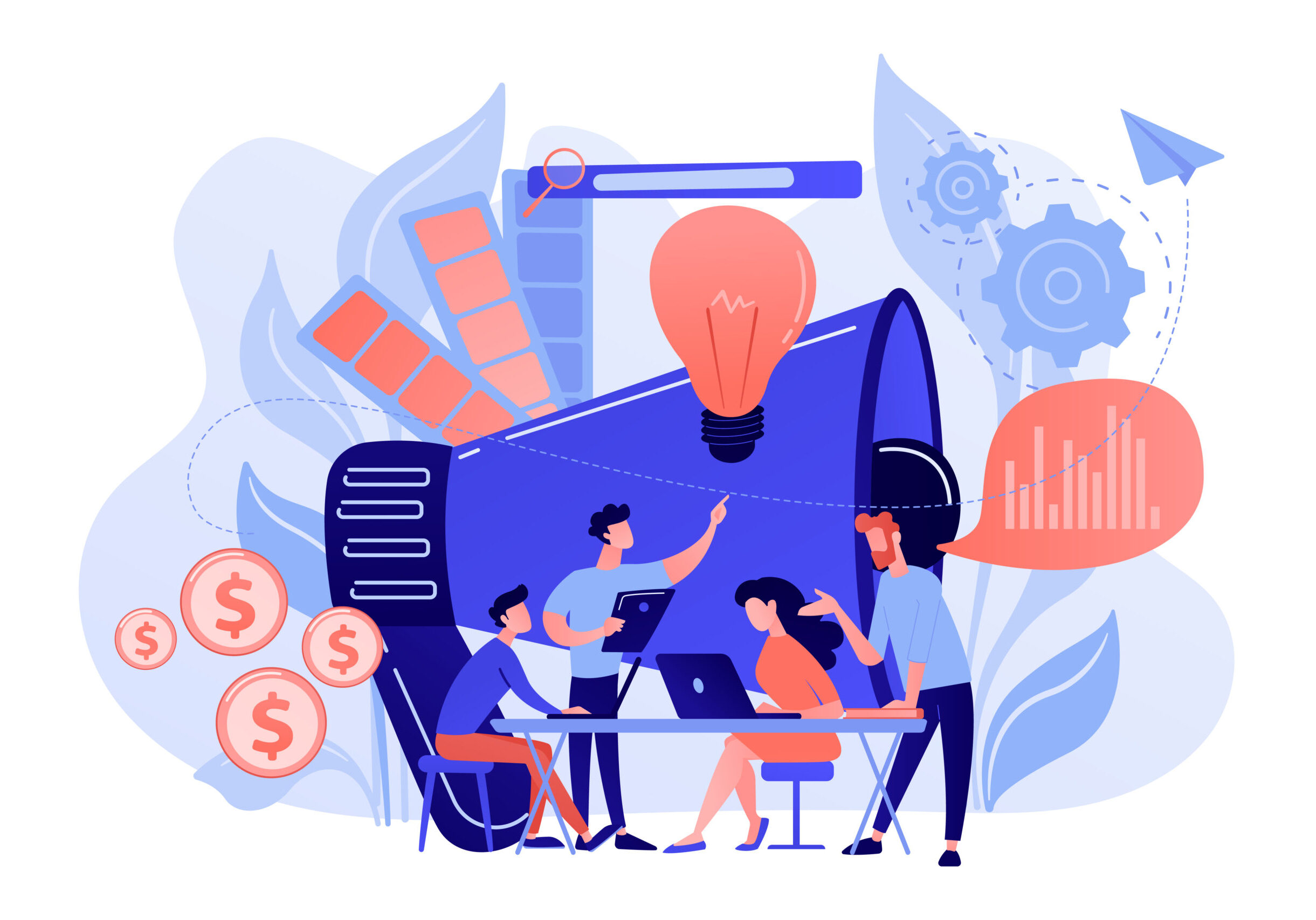 Digital marketing team with laptops and light bulb. Marketing team metrics, marketing team lead and responsibilities concept on white background. Pink coral blue vector isolated illustration